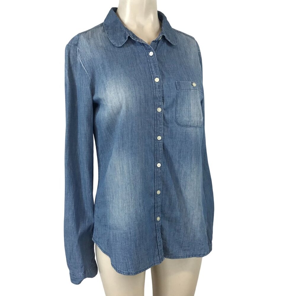 LOFT - WOMEN'S SMALL -BLUE DENIM LONG SLEEVE COLLARED BUTTON TOP